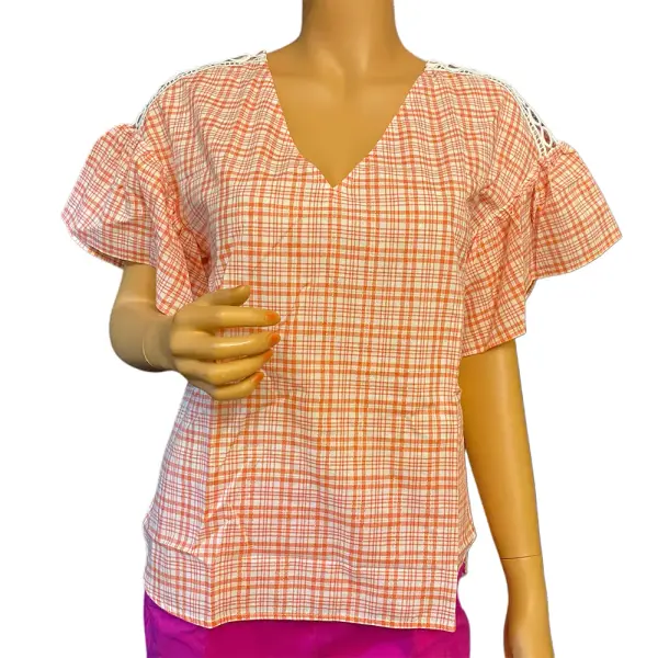 Michael Michael Kors Plaid Flutter Sleeve Blouse Coral Peach Metallic Crochet Trim