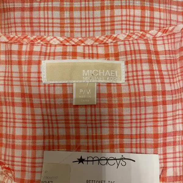 Michael Michael Kors Plaid Flutter Sleeve Blouse Coral Peach Metallic Crochet Trim