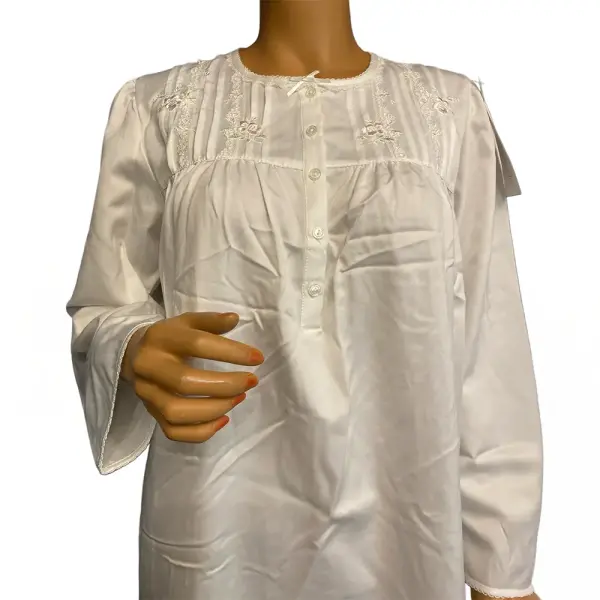 Miss Elaine Nightgown White Embroidered Long Sleeve Button Front Cotton Blend