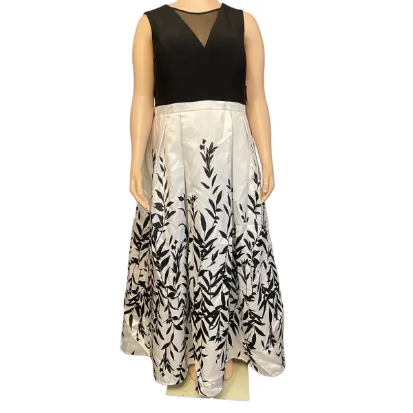 Morgan & Co Black and White Sleeveless Leaf Print Prom Gown Dress – Size 20W