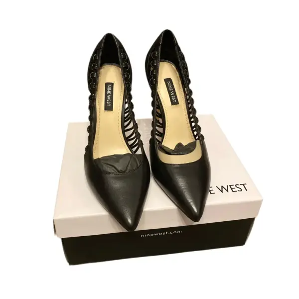 Nine West Tansy Woven Leather Pumps Black Pointed Toe Stiletto