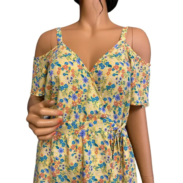 Sienna Sky Yellow Floral Cold Shoulder Midi Dress with Tie Waist