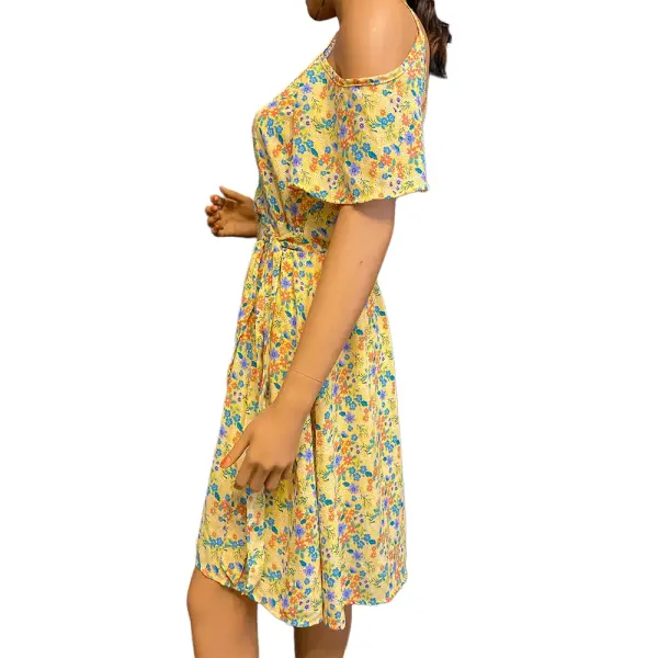 Sienna Sky Yellow Floral Cold Shoulder Midi Dress with Tie Waist