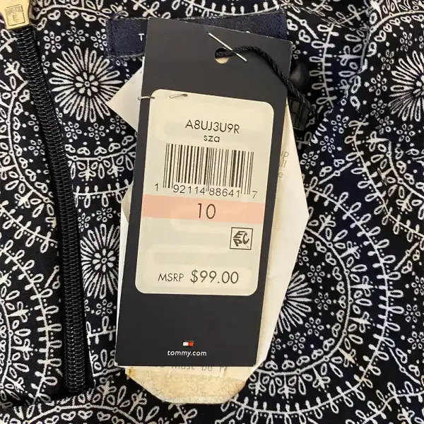 Tommy Hilfiger Medallion Print Shift Dress Navy White Bell Sleeve Size 10