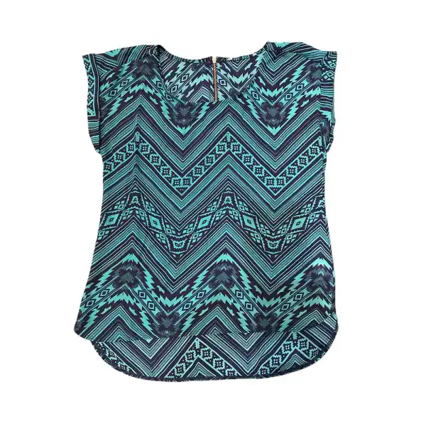 Teal Navy Aztec Chevron Short Sleeve Blouse Size S