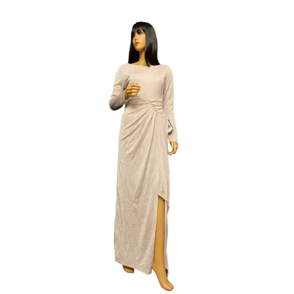 Vince Camuto Metallic Long Sleeve Gown Pink Ruched Slit