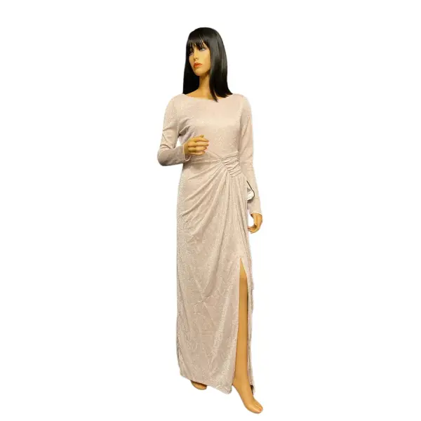 Vince Camuto Metallic Long Sleeve Gown Pink Ruched Slit