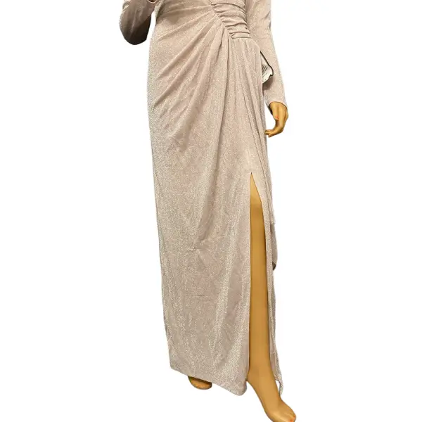 Vince Camuto Metallic Long Sleeve Gown Pink Ruched Slit