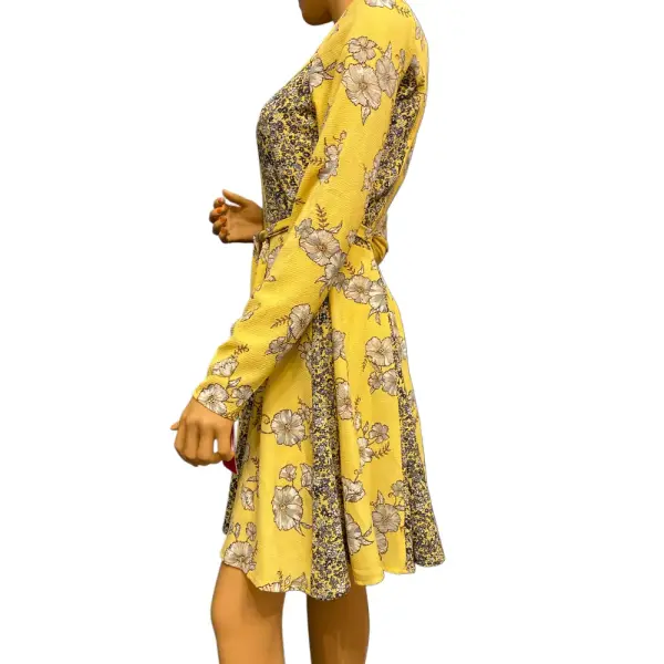 Xhilaration Mustard Yellow Mixed Floral Print Fit and Flare Dress Long Sleeve Size XS