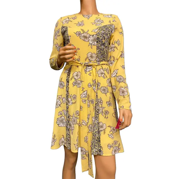 Xhilaration Mustard Yellow Mixed Floral Print Fit and Flare Dress Long Sleeve Size XS