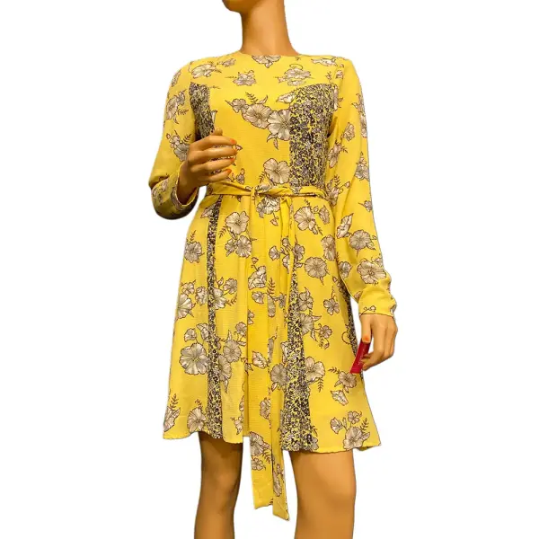 Xhilaration Mustard Yellow Mixed Floral Print Fit and Flare Dress Long Sleeve Size XS