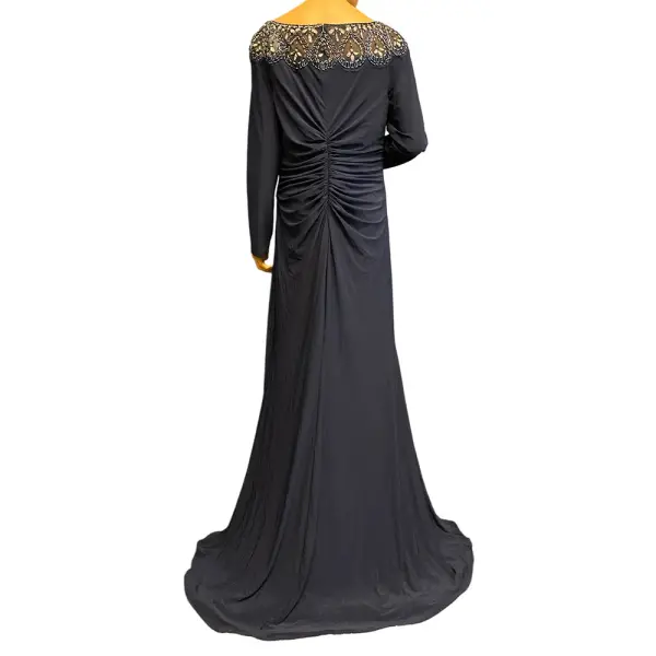 Xscape Beaded Illusion Neck Ruched Gown with Slit and Train