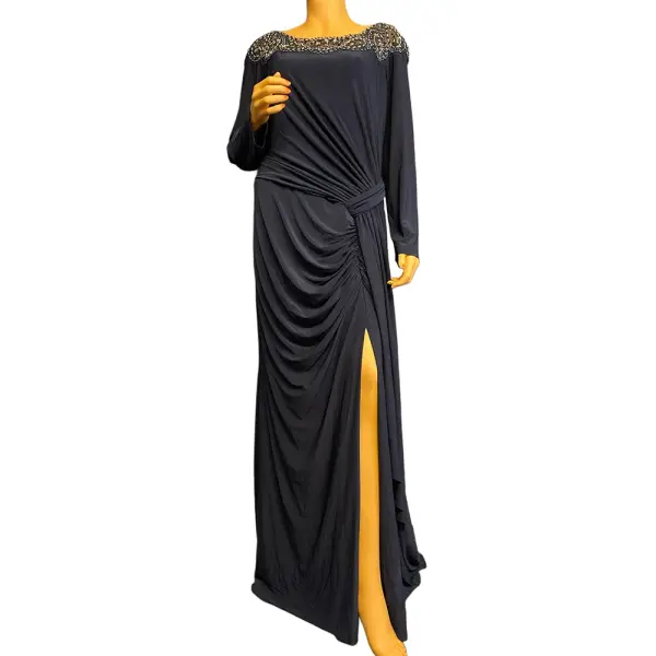 Xscape Beaded Illusion Neck Ruched Gown with Slit and Train