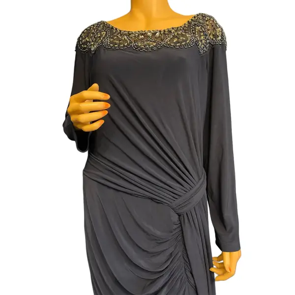 Xscape Beaded Illusion Neck Ruched Gown with Slit and Train