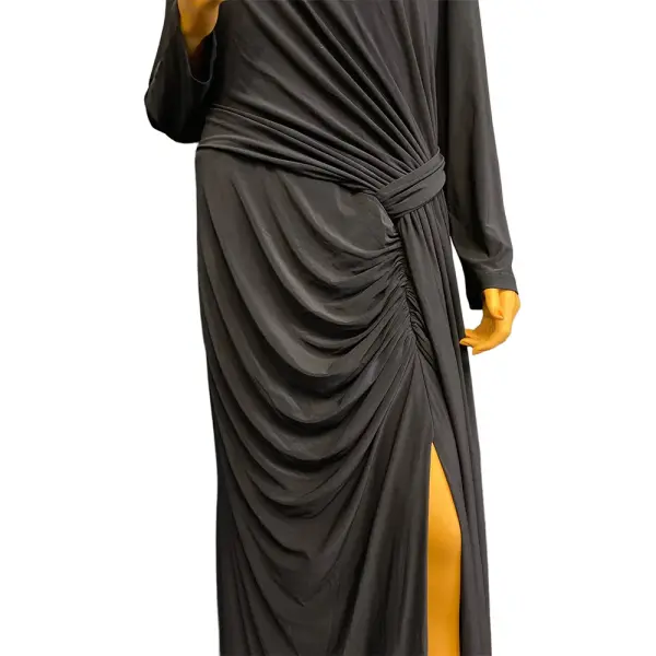 Xscape Beaded Illusion Neck Ruched Gown with Slit and Train
