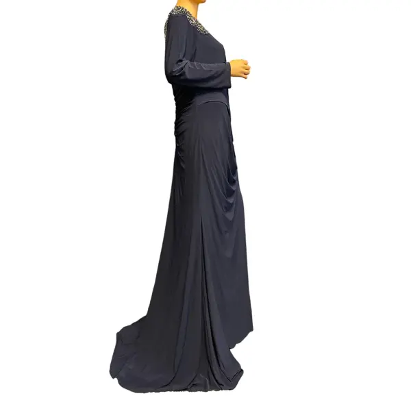 Xscape Beaded Illusion Neck Ruched Gown with Slit and Train