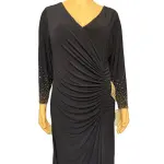 Xscape Embellished Sleeve Gown Ruched Faux Wrap Navy Blue