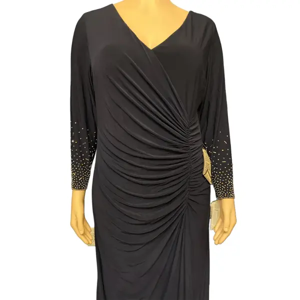 Xscape Embellished Sleeve Gown Ruched Faux Wrap Navy Blue