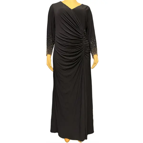Xscape Embellished Sleeve Gown Ruched Faux Wrap Navy Blue
