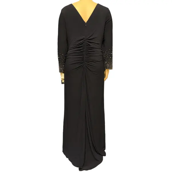 Xscape Embellished Sleeve Gown Ruched Faux Wrap Navy Blue