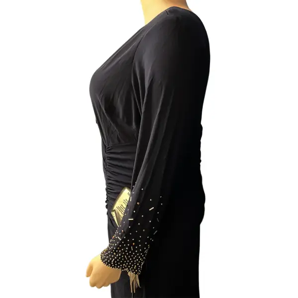 Xscape Embellished Sleeve Gown Ruched Faux Wrap Navy Blue