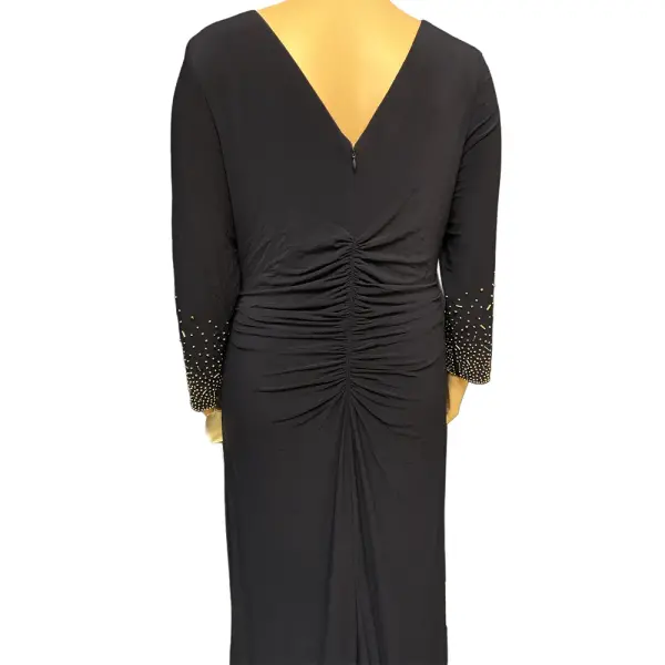 Xscape Embellished Sleeve Gown Ruched Faux Wrap Navy Blue