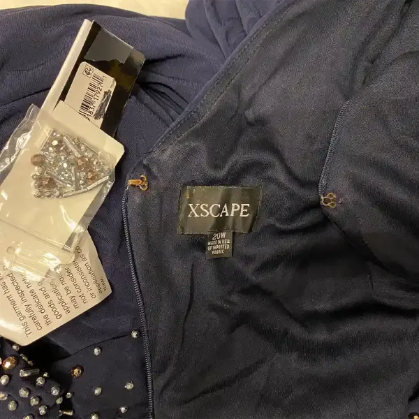 Xscape Embellished Sleeve Gown Ruched Faux Wrap Navy Blue